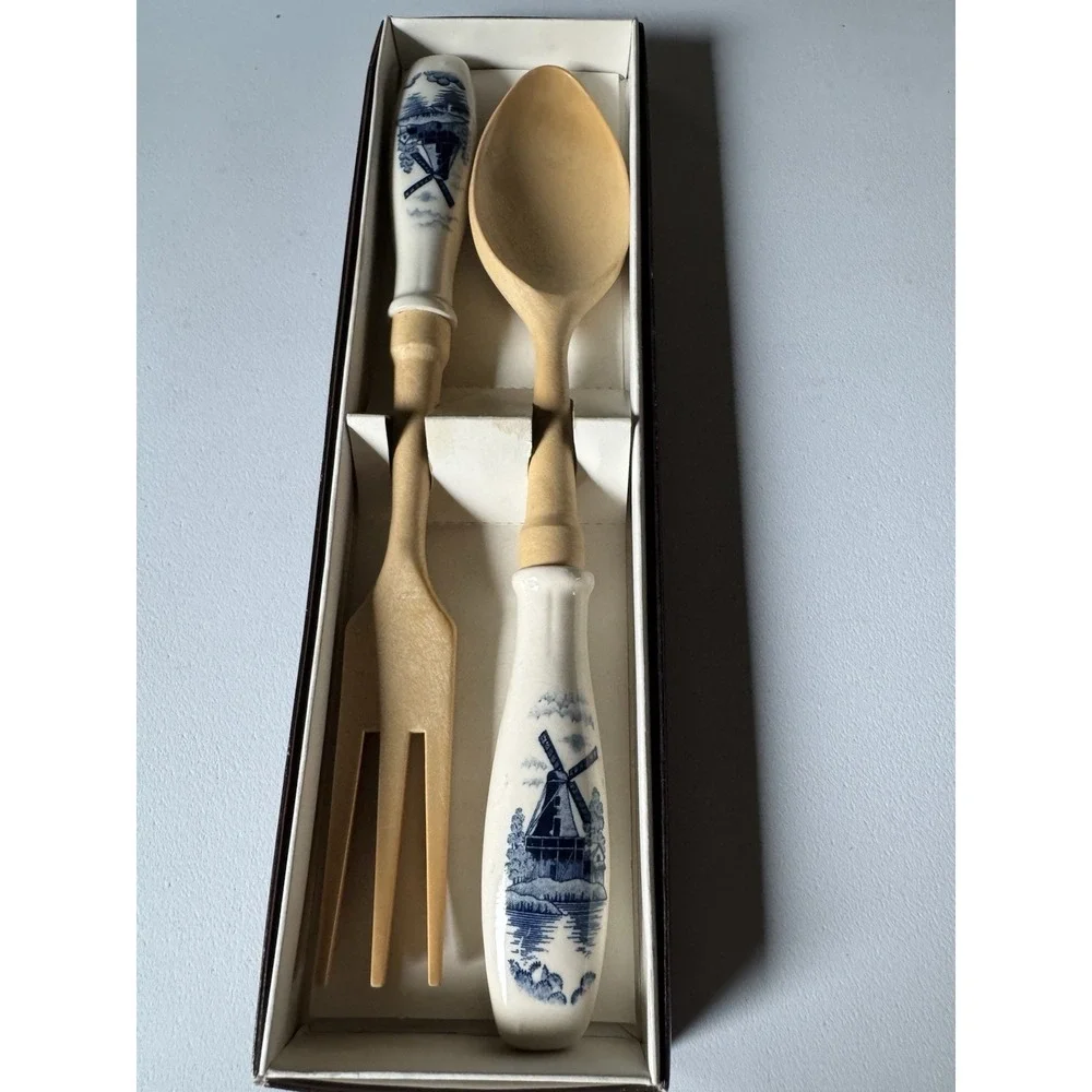 Vintage Delft Style Windmill Wood Ceramic Salad Servers Boxed Set